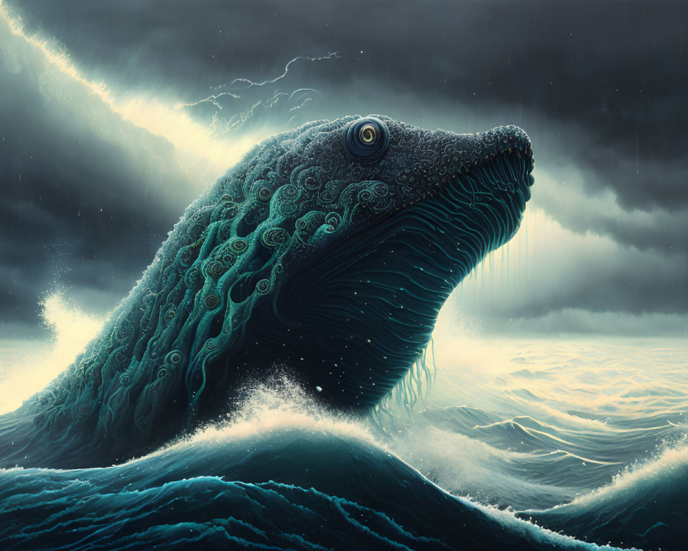 Monstrous sea creature emerges from stormy ocean waves