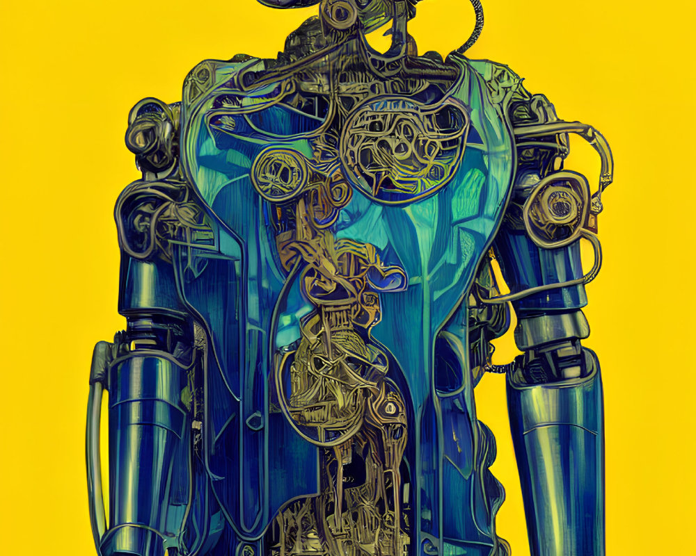 Detailed illustration of intricate robot design with exposed mechanical parts and transparent blue torso on bright yellow background