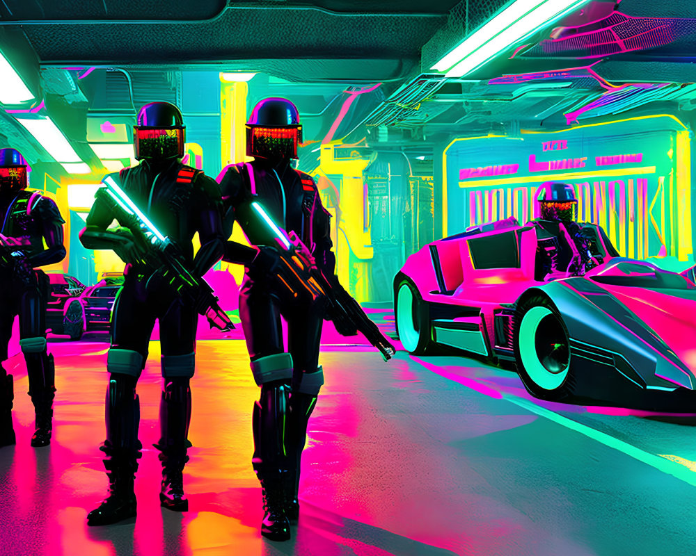 Futuristic soldiers with helmets and rifles in neon-lit garage