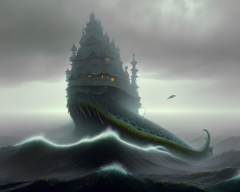 Dark Castle on Sea Creature in Stormy Ocean Scene