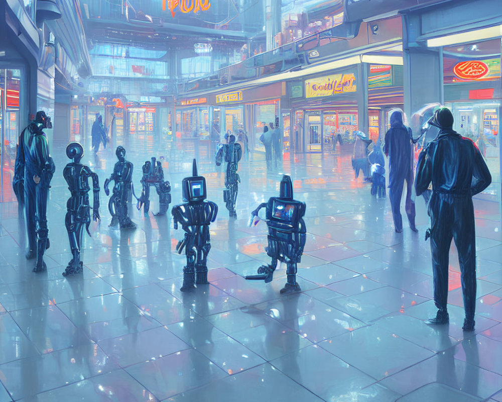 Futuristic mall with robots and neon lights