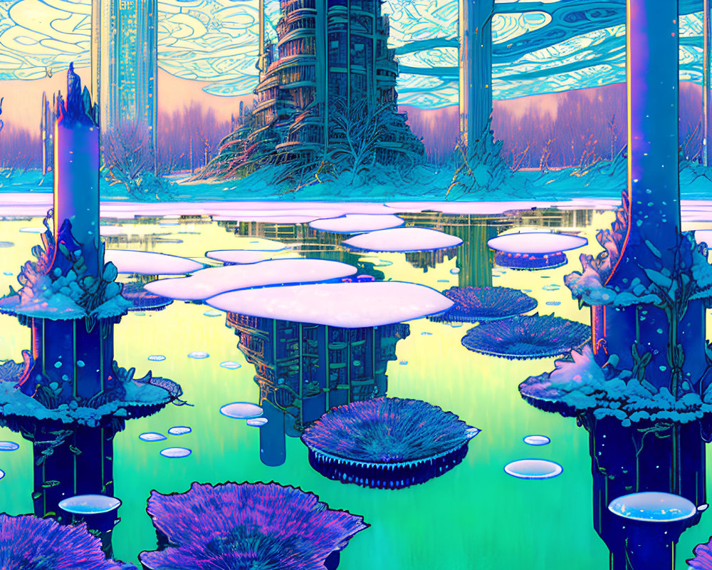 Futuristic landscape with bioluminescent vegetation and towering structures