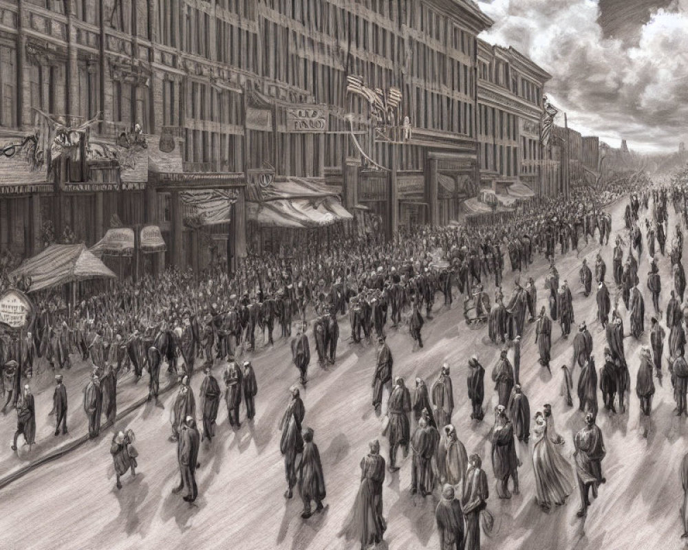 Monochrome sketch of historic parade with crowds and American flags