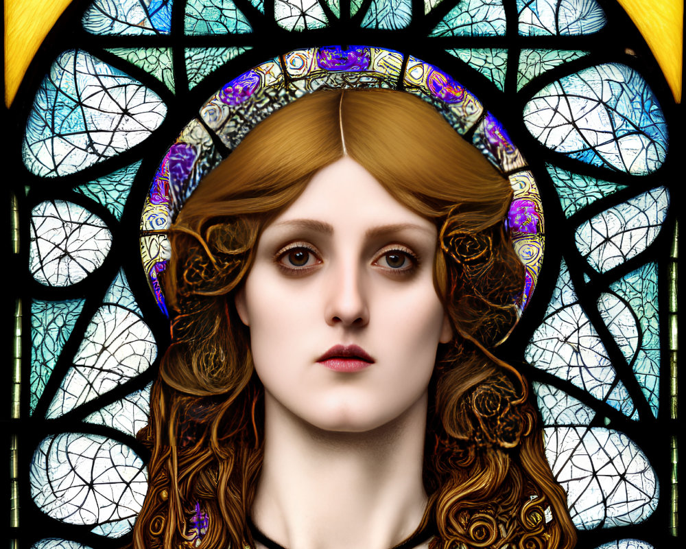 Detailed Stained-Glass Style Illustration of Woman with Golden Hair