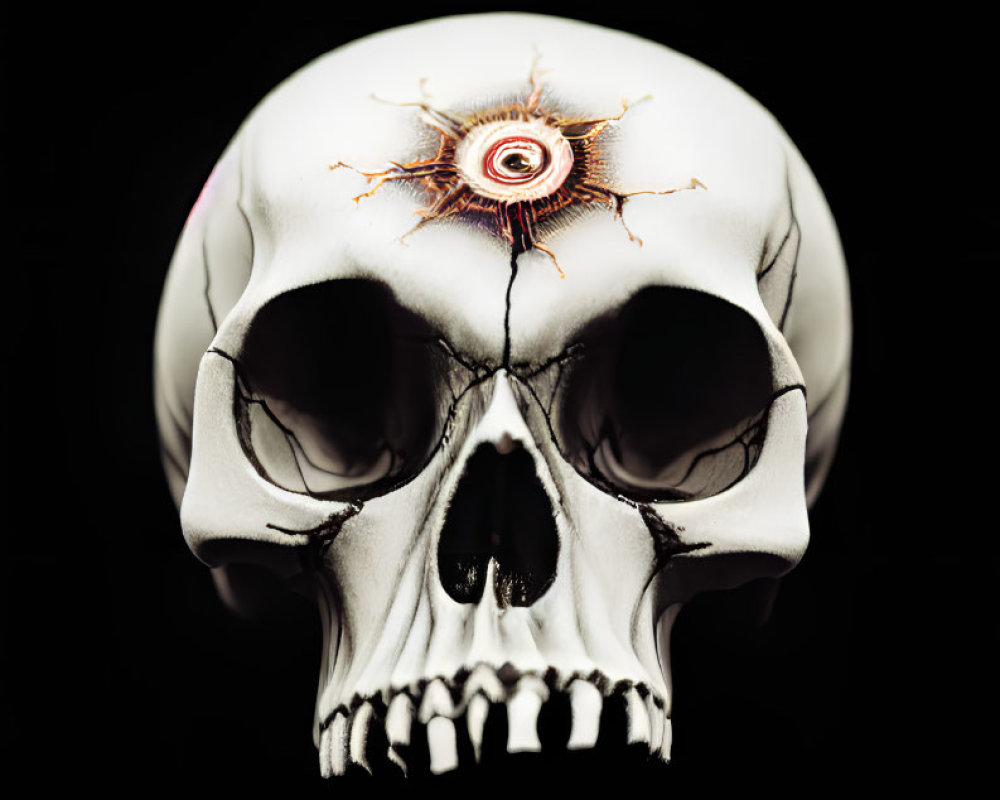 Surreal human skull with central eye on black background