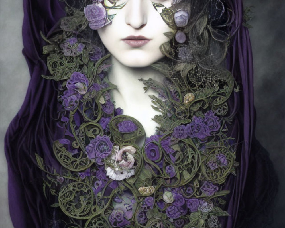 Portrait of person with pale skin, dark hair, purple florals, and green foliage.