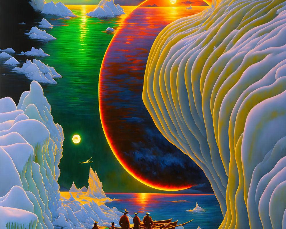 Colorful painting of small boat in icy terrain under eclipse with multiple suns