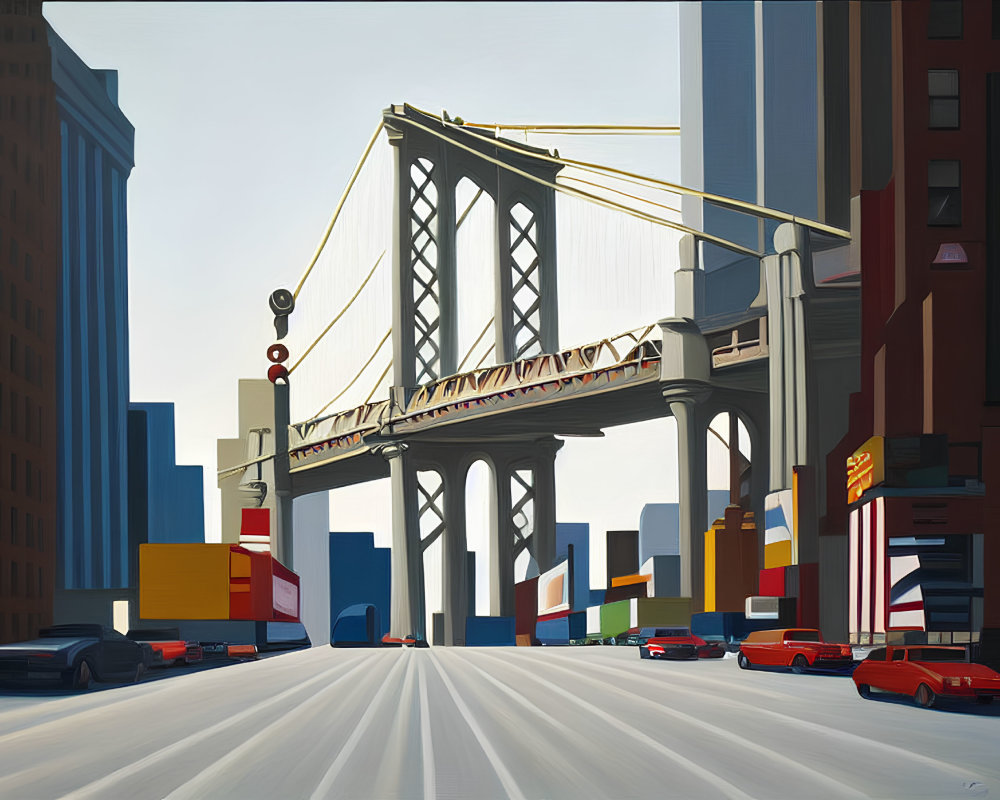 Cityscape with Suspension Bridge, Geometric Buildings, and Colorful Cars