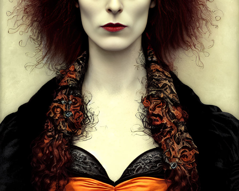 Pale woman with red hair in black and orange corset