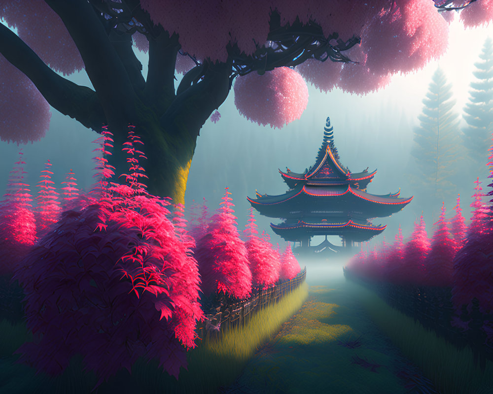 Traditional pagoda in mystical foggy fantasy scene with vibrant pink foliage