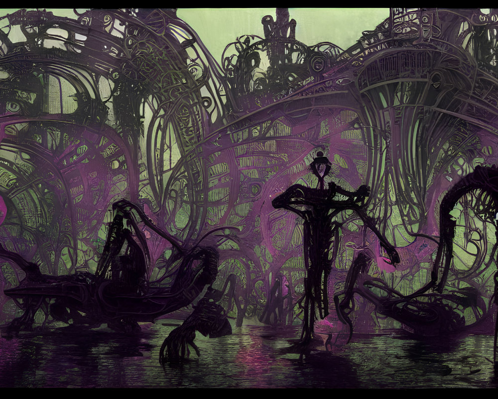 Gothic steampunk landscape with machinery and tentacles