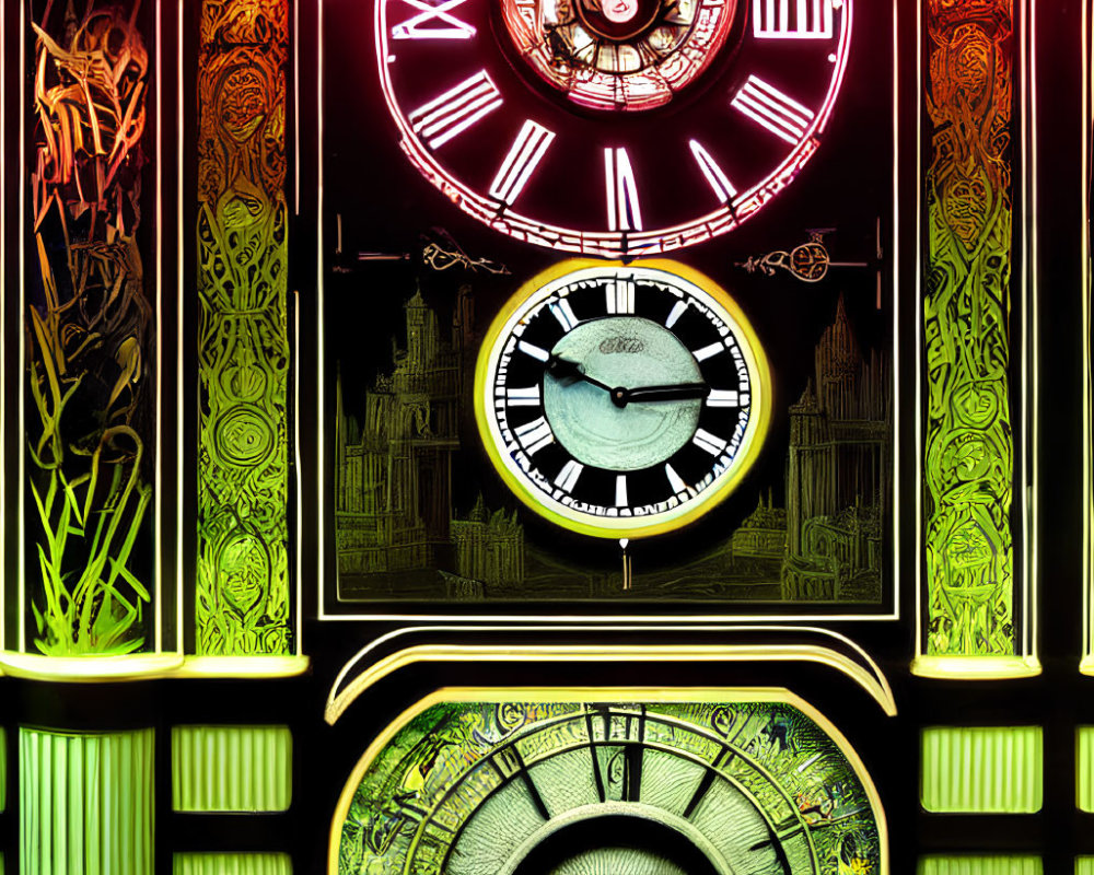 Intricate Neon-Lit Clock with Architectural Artwork