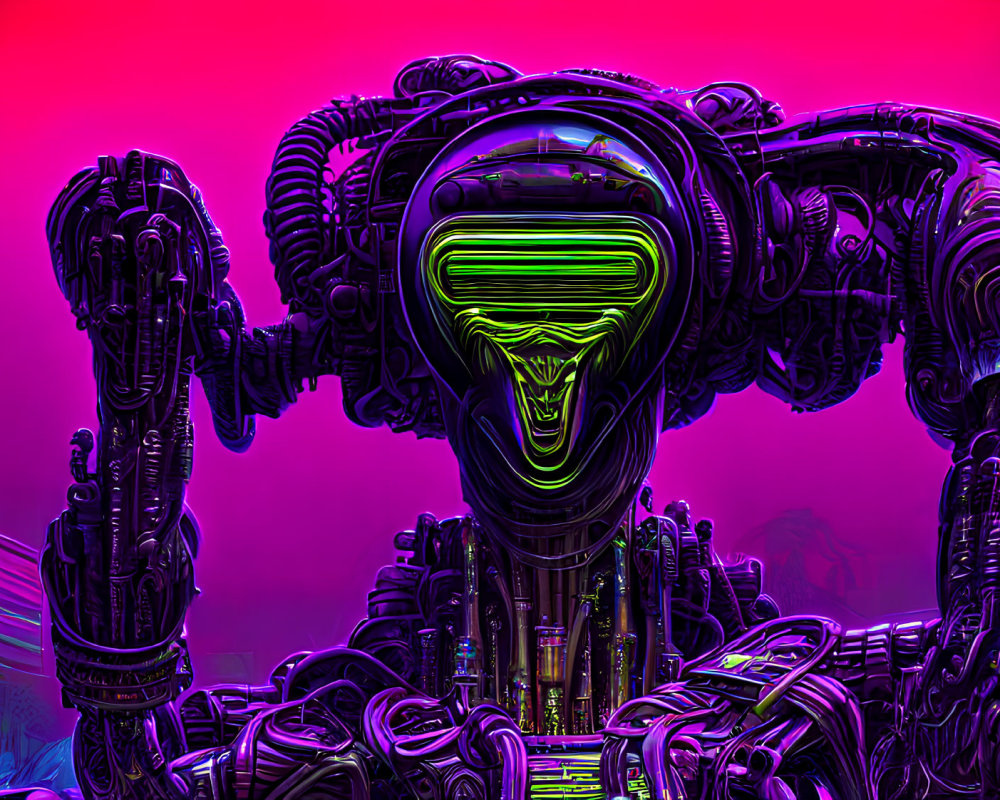 Detailed futuristic robotic figure with neon green and pink lights on dark background