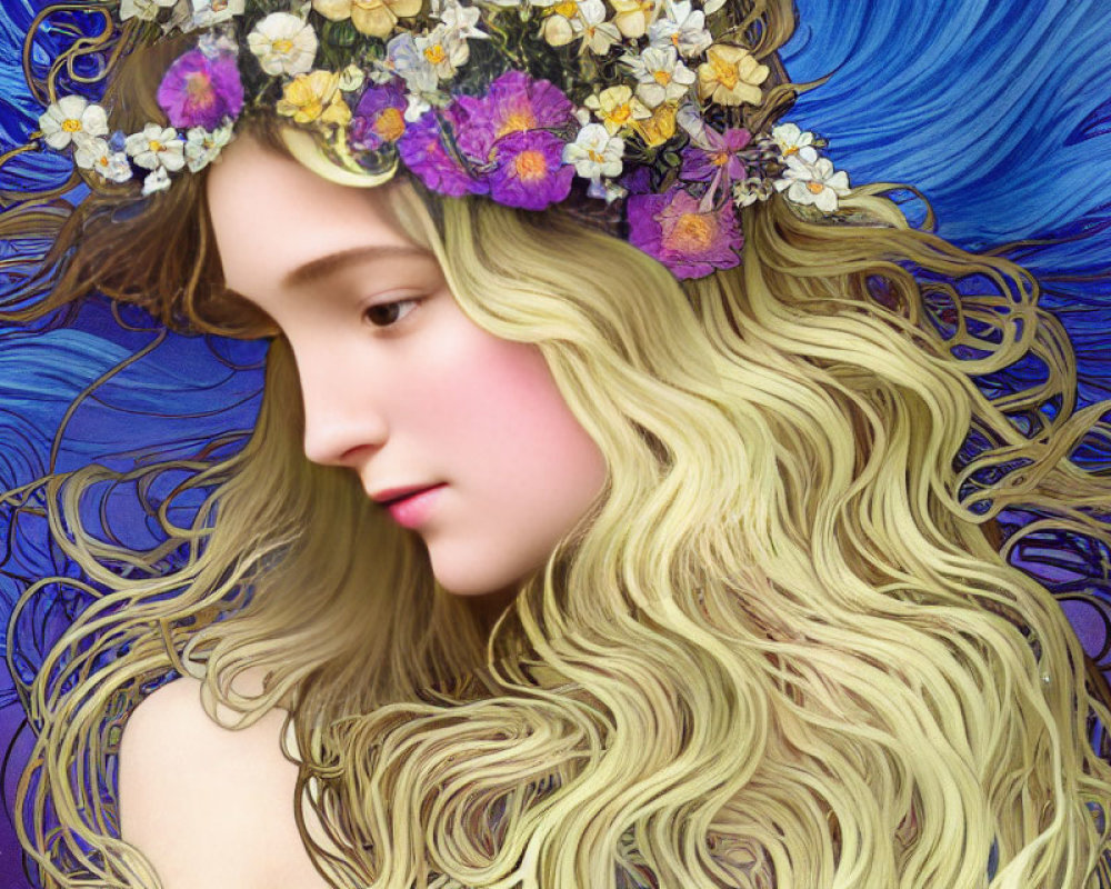 Young woman with blonde hair and floral wreath on swirling blue backdrop