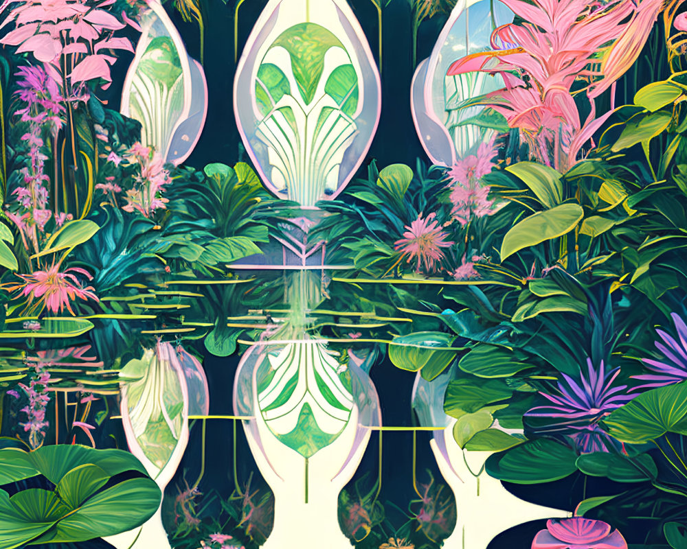 Symmetrical Tropical Foliage Illustration with Pink and Green Reflection