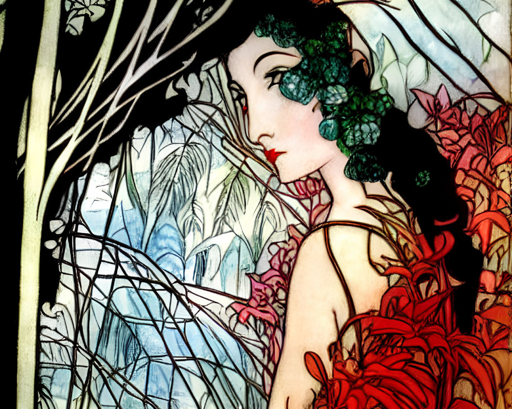 Art Nouveau Style Illustration of Woman with Foliage & Flowers