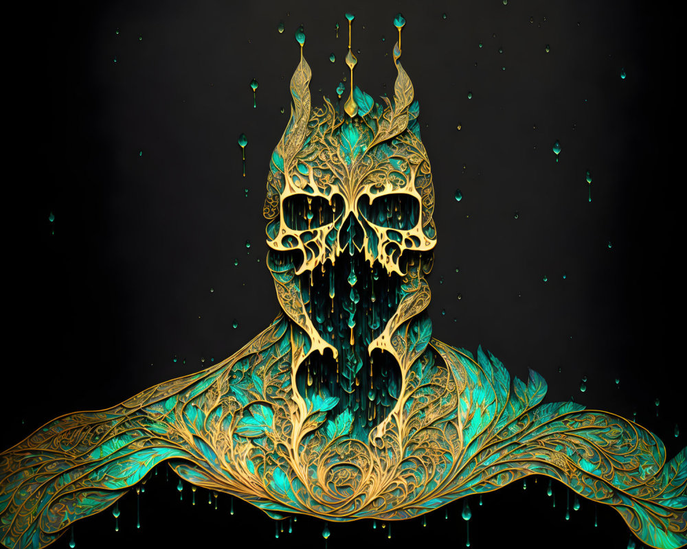 Intricate golden skull with teal highlights on dark background