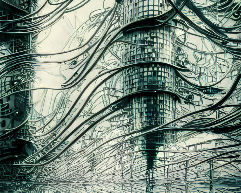 Futuristic cylindrical building with intricate network of cables reflected on water surface