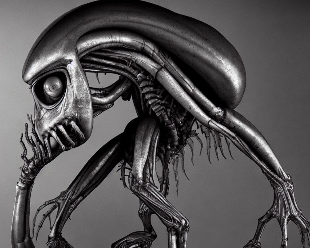 Detailed Close-Up of Metallic Alien Creature with Elongated Head