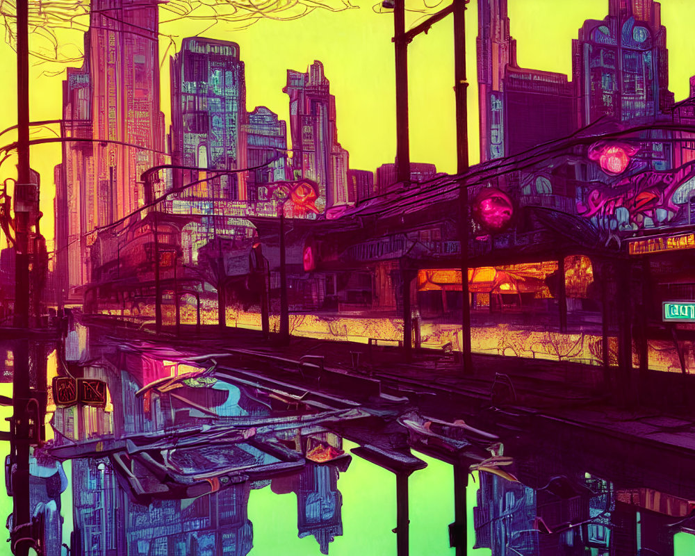 Futuristic cityscape with purple and pink hues and towering buildings