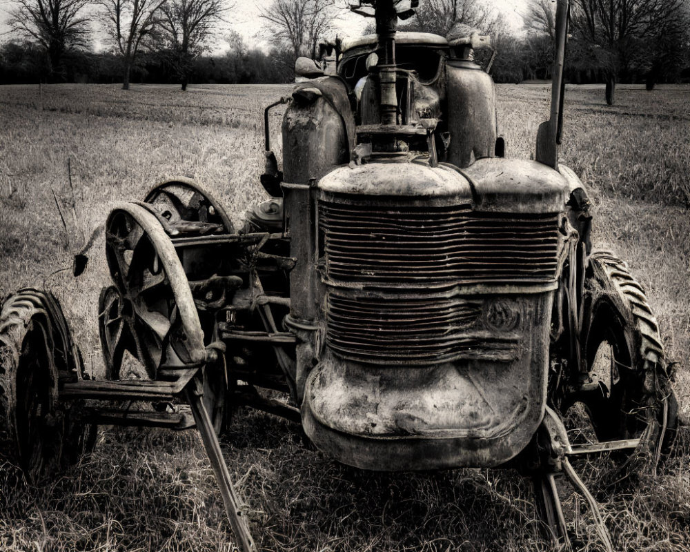 Weathered, abandoned tractor in barren field with rusty metal body.