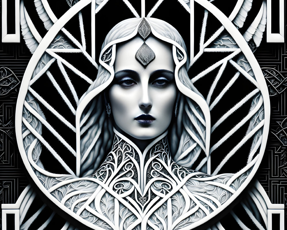 Monochrome graphic of woman with symmetrical patterns and geometric shapes in circular border