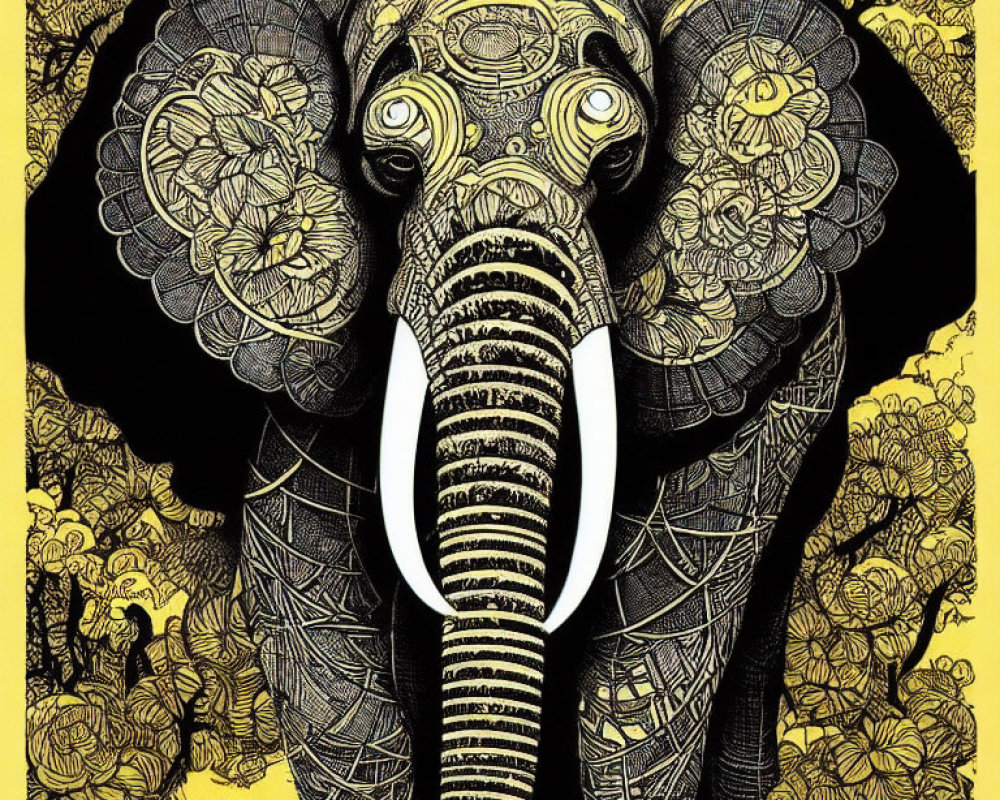 Detailed black and white elephant illustration on yellow background with floral motifs