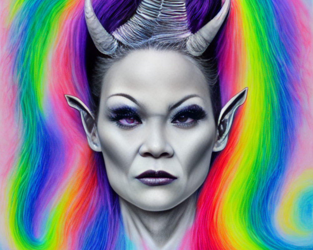 Fantasy creature portrait with horned head, pointy ears, and rainbow hair