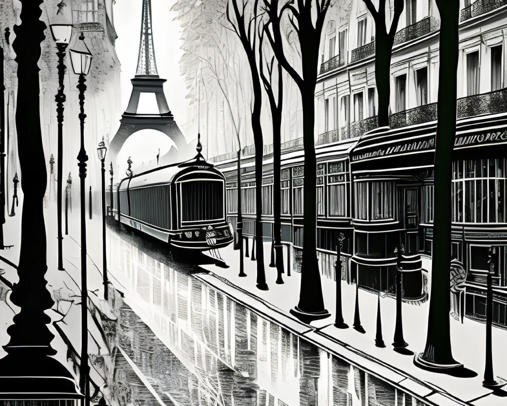 Monochromatic Parisian street scene with Eiffel Tower, vintage tram, trees, and reflective