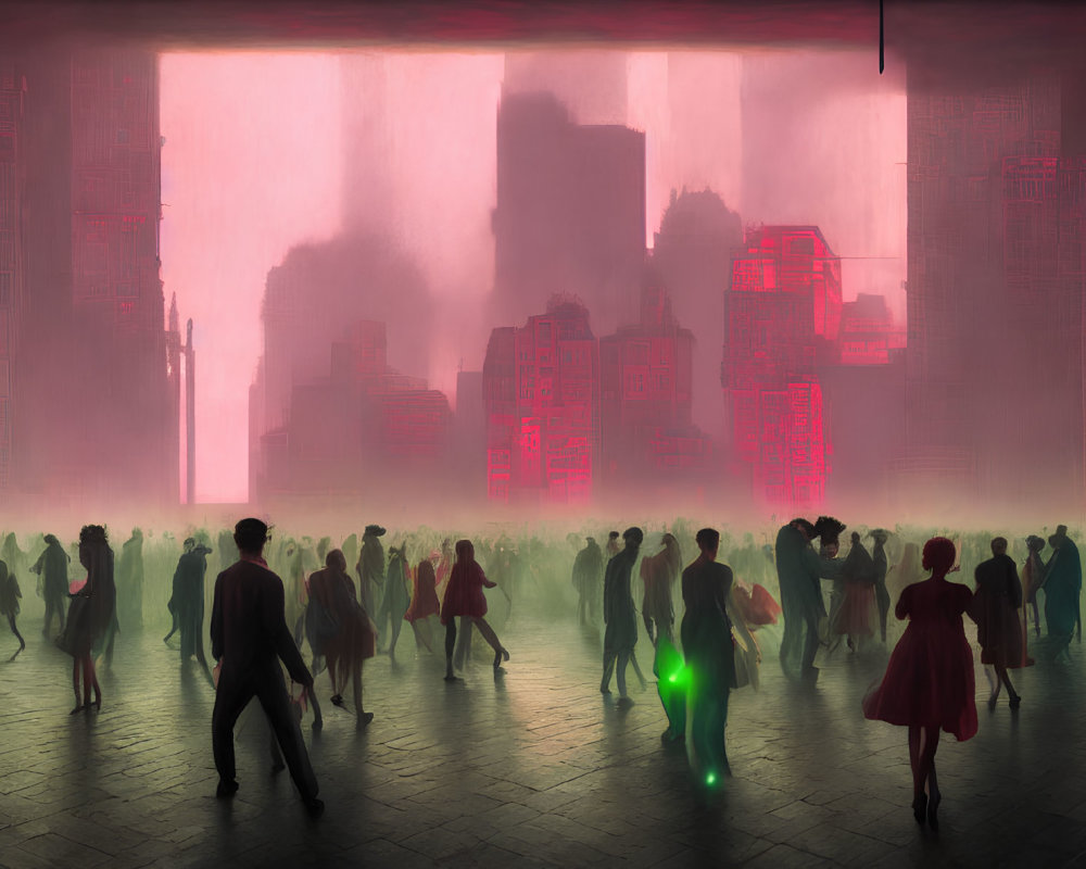 Silhouetted crowd in futuristic cityscape with glowing pink screen