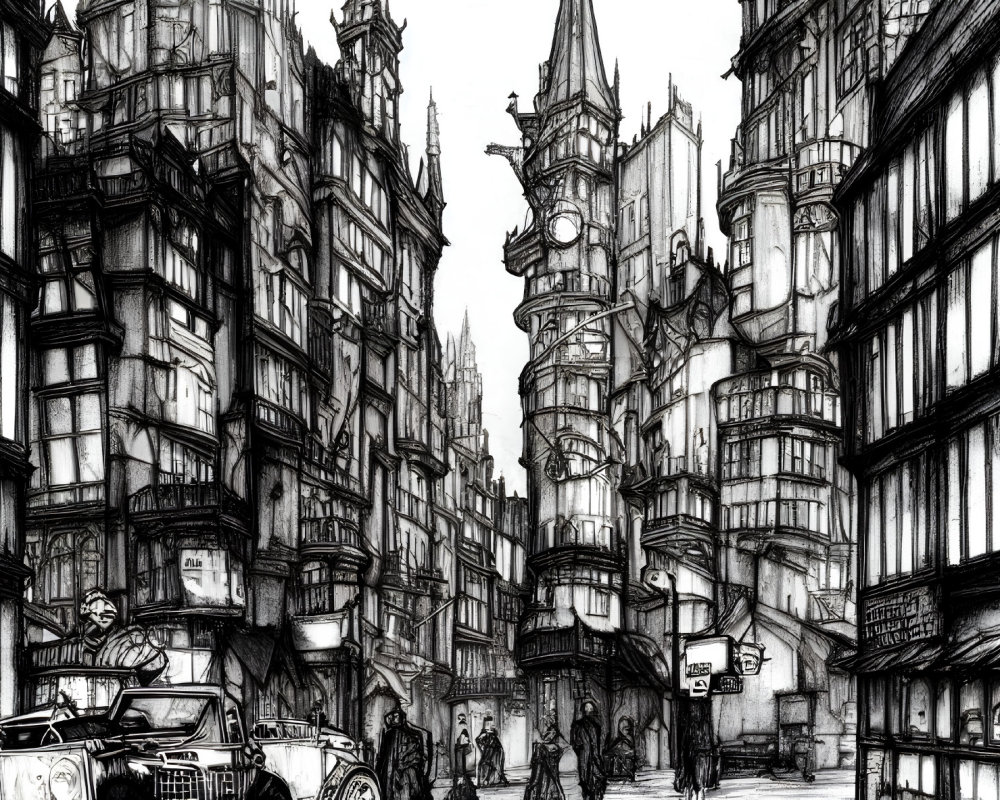 Detailed Vintage Street Sketch: Black and White, Ornate Buildings, Pedestrians, Old-Fashion