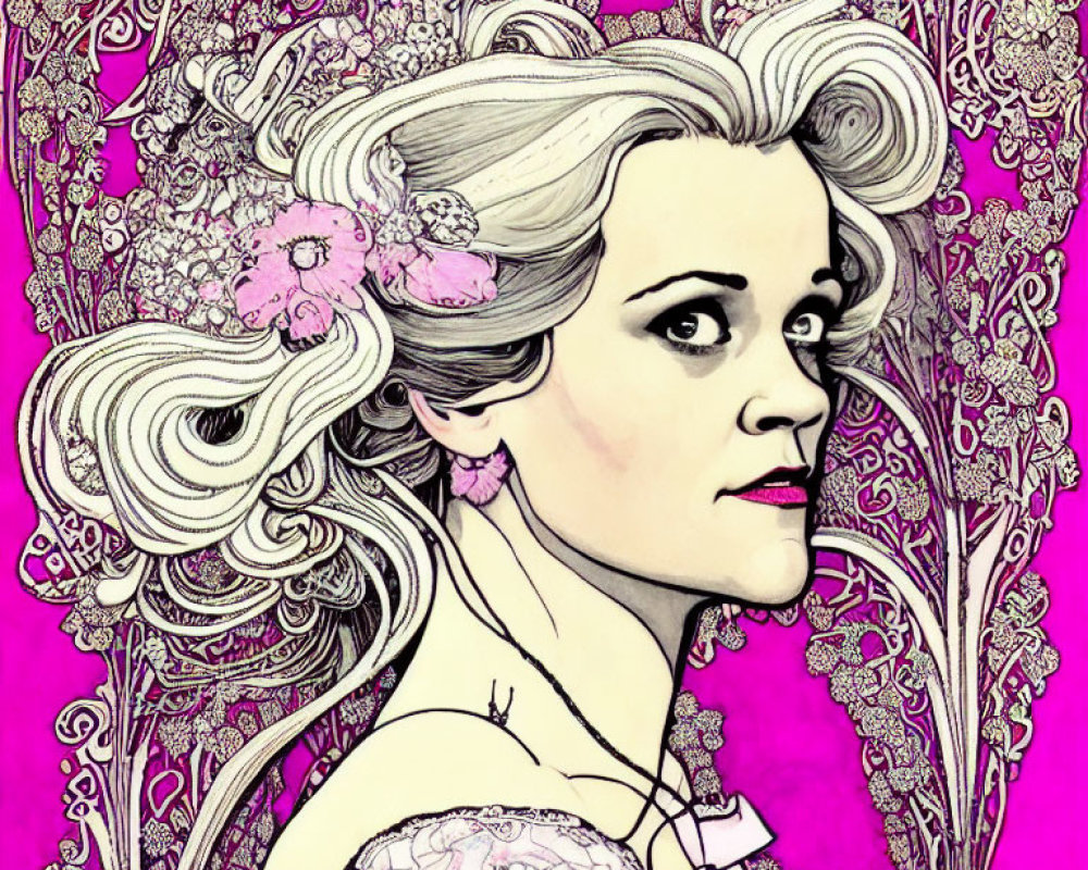 Stylized woman with pink flowers in intricate purple floral setting