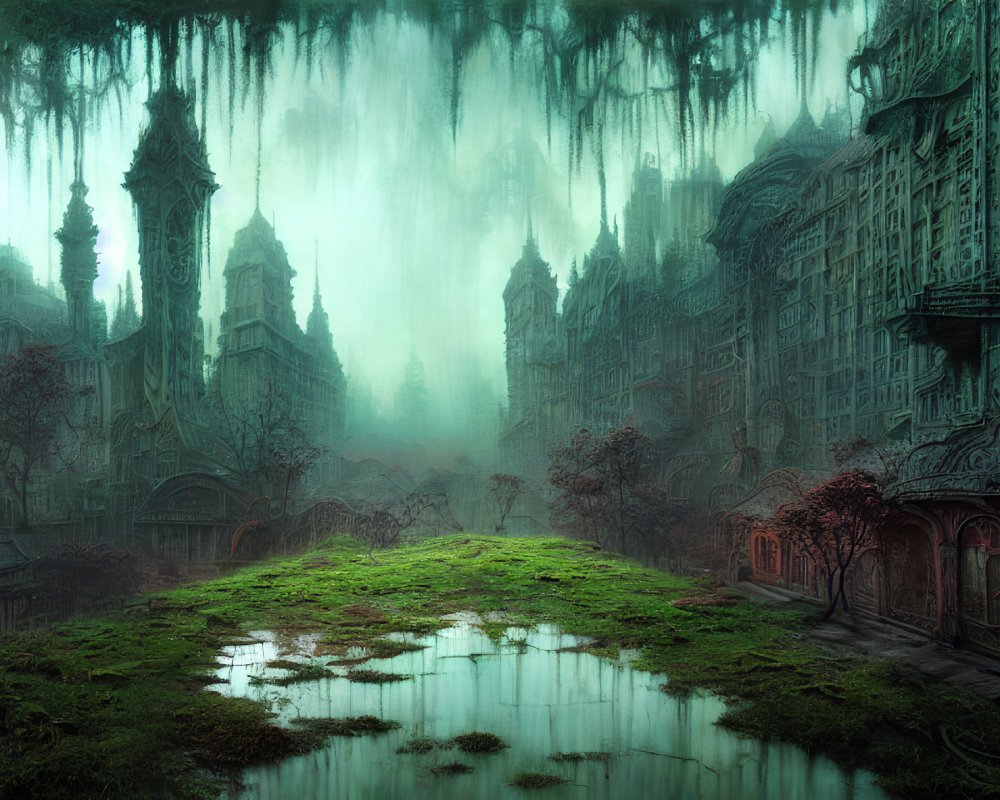 Ethereal Green-Lit Fantasy Cityscape with Overgrown Buildings