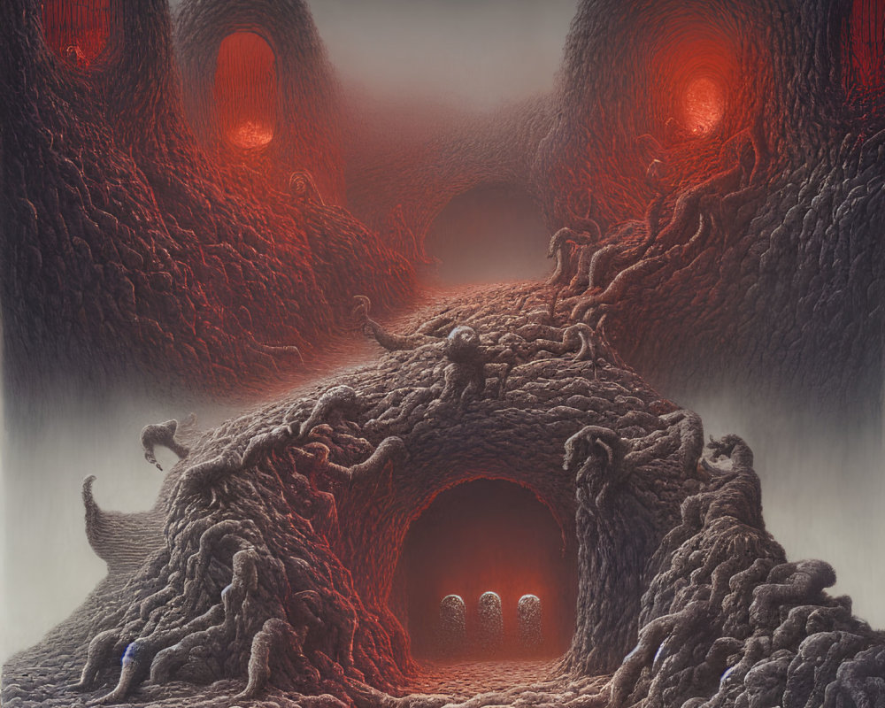 Organic surreal landscape with red-hued cavernous openings and glowing figures.