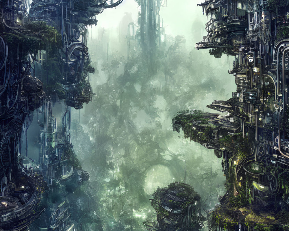 Futuristic cybernetic cityscape in misty, verdant setting