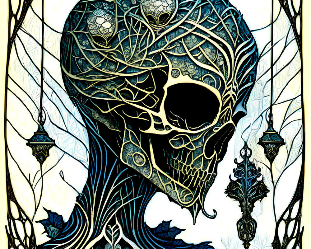 Detailed Gothic Skull Art with Nature Elements in Blue and Gold Palette