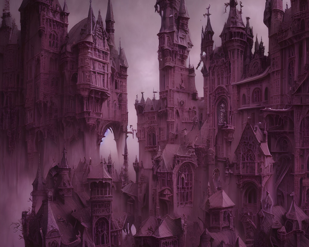 Mystical Gothic city with towering spires and foggy purple-black atmosphere