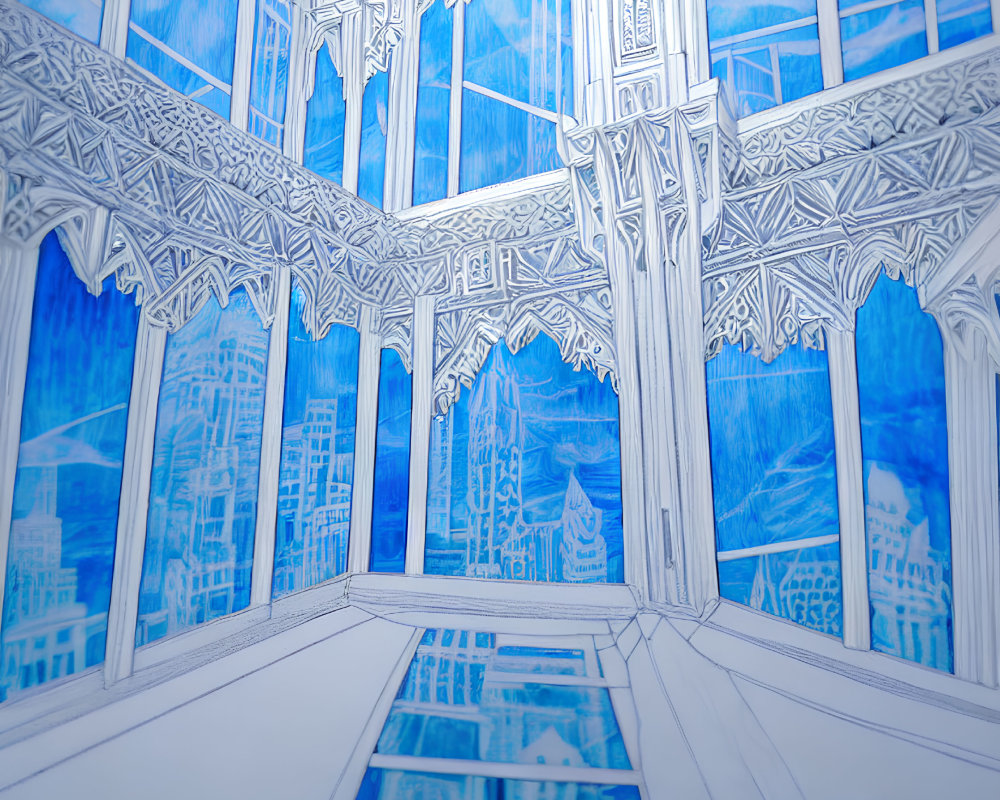 Detailed monochromatic blue gothic interior illustration with high ceilings, arched windows, and reflective floor