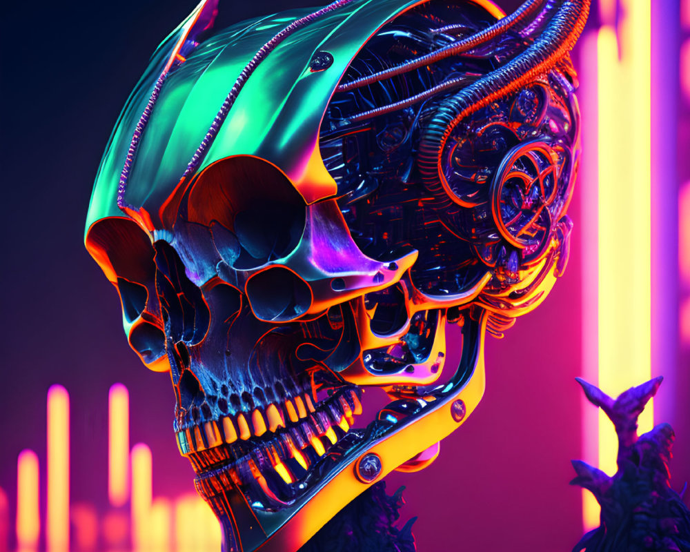 Detailed digital artwork: mechanical skull on neon cyberpunk backdrop