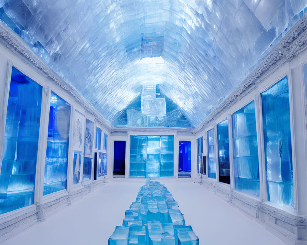 Blue Illuminated Ice Hotel Interior with Ice Sculpted Walls, Furniture, and Art