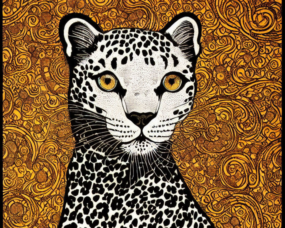 Illustrated Leopard with Yellow Eyes on Orange and Black Swirl Background