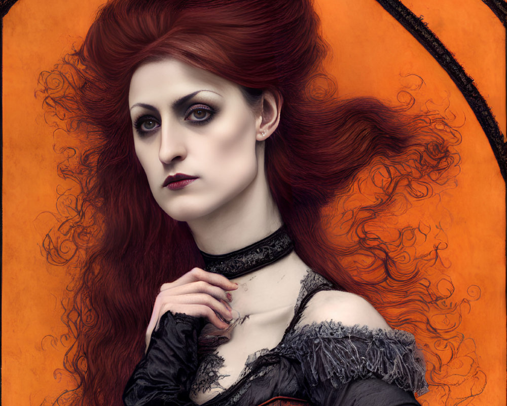 Gothic woman with red hair and corset on orange background