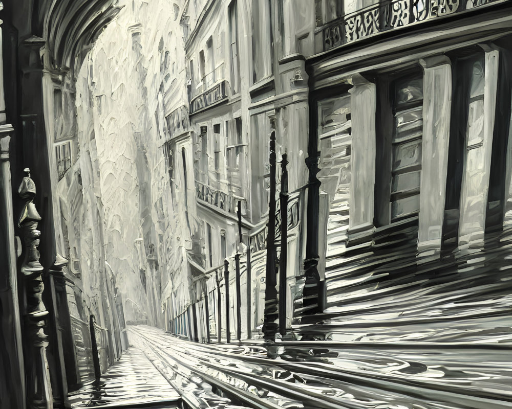 Monochrome painting of vintage European street scene