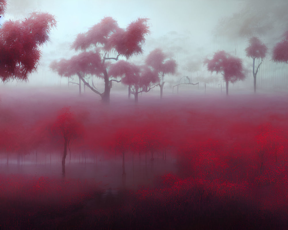 Misty red foliage landscape with silhouetted trees and vibrant undergrowth