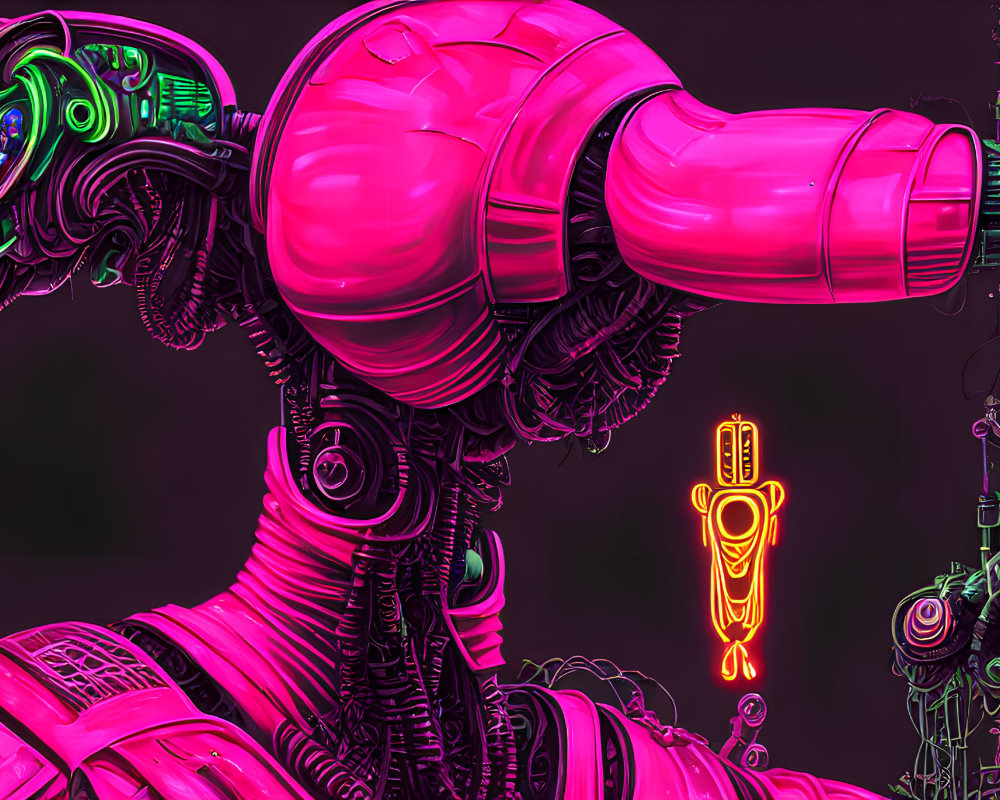 Colorful digital artwork: Pink and green robotic entity with mechanical details on dark backdrop.