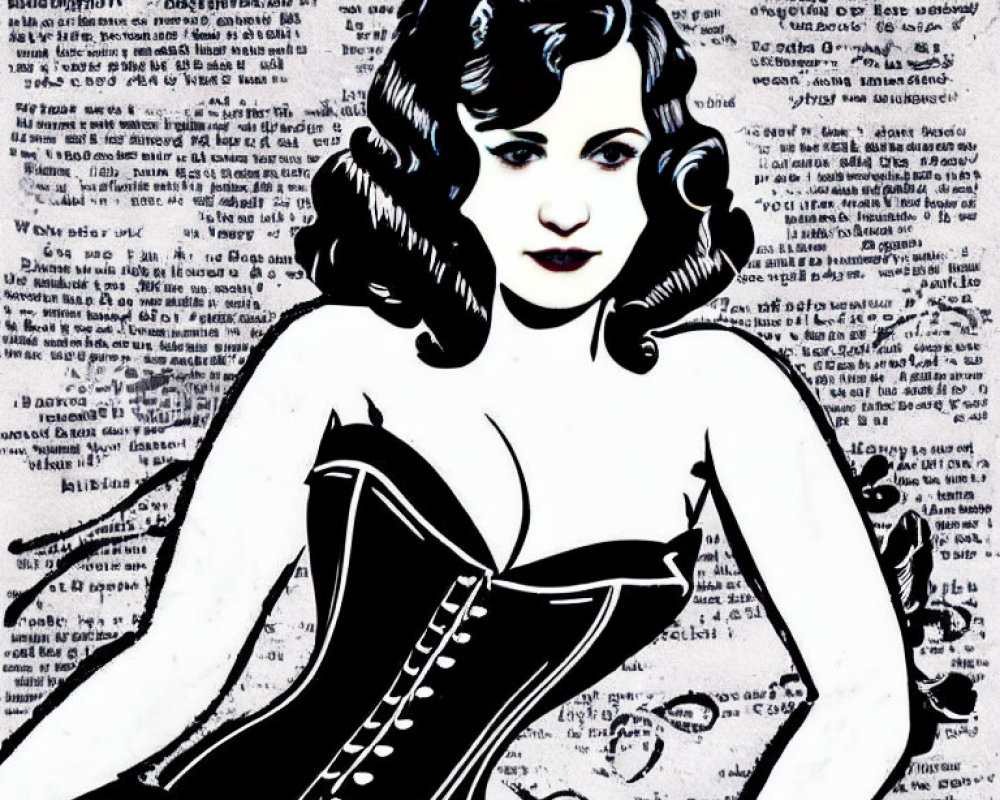 Monochrome illustration of woman with curly hair and corset on text background