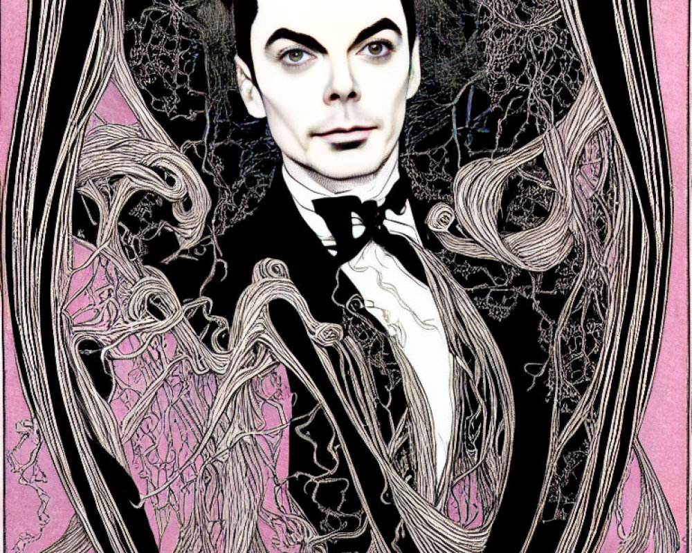 Person with Prominent Eyes and Bow Tie in Ornate Swirling Patterns on Pink and Black Background
