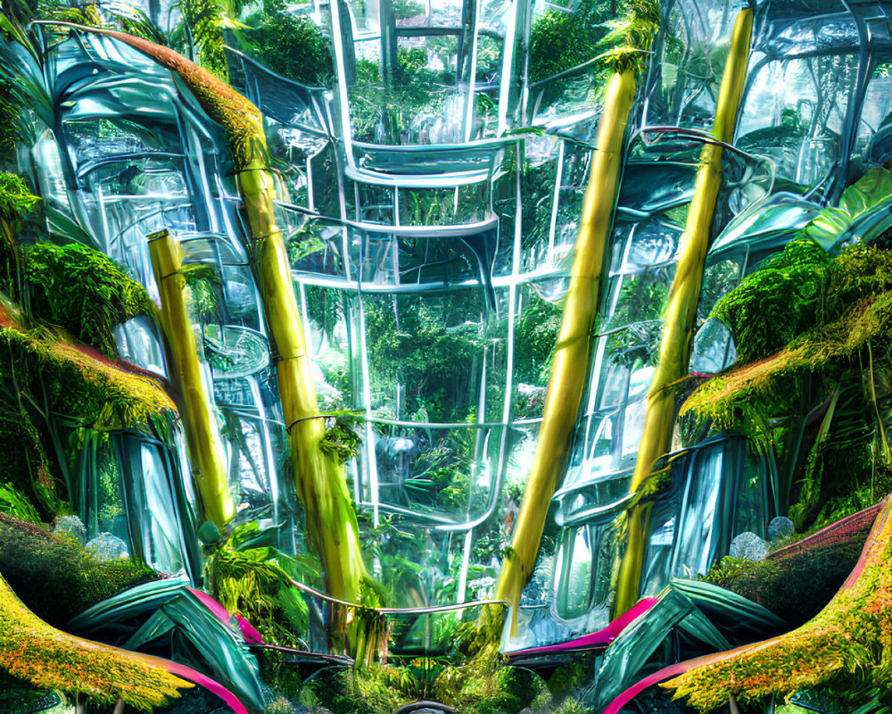 Futuristic greenhouse with bamboo, lush foliage, pathways, and geometric panels