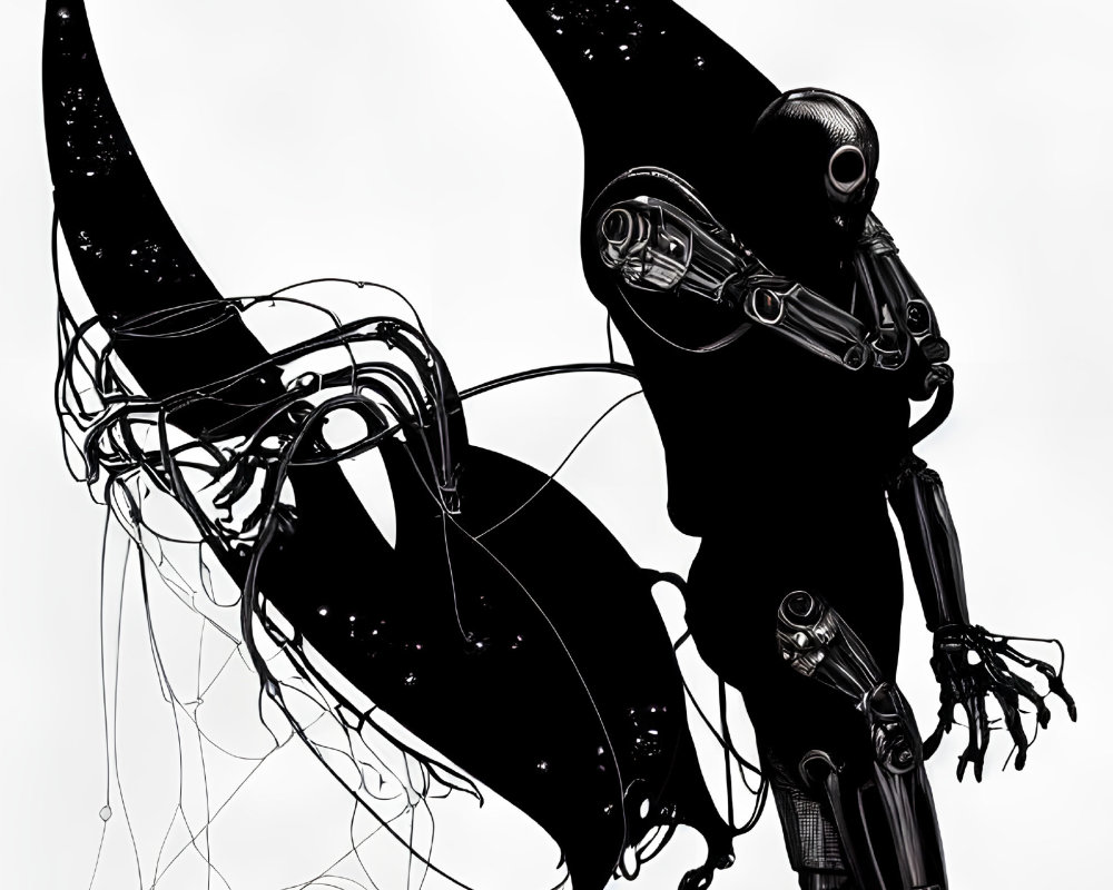 Detailed monochromatic humanoid robot illustration with flowing limbs and cosmic elements