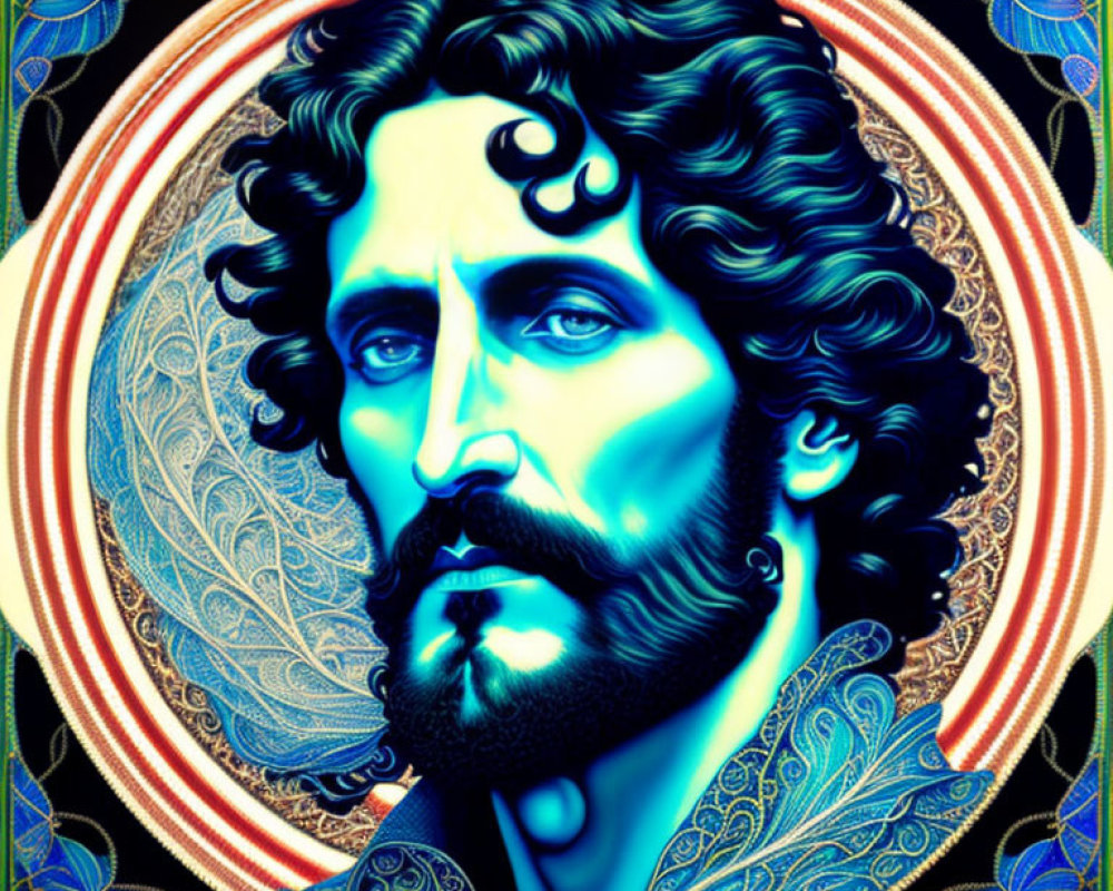 Colorful portrait of man with curly hair and beard against psychedelic background